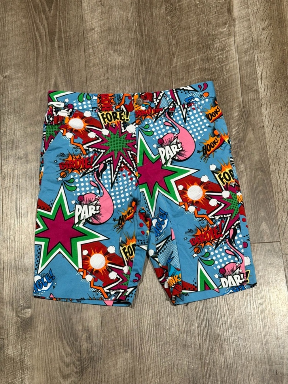 Royal & Awesome Partoon Mens Golf Shorts Comic Book Theme 8.5" Inseam Size M